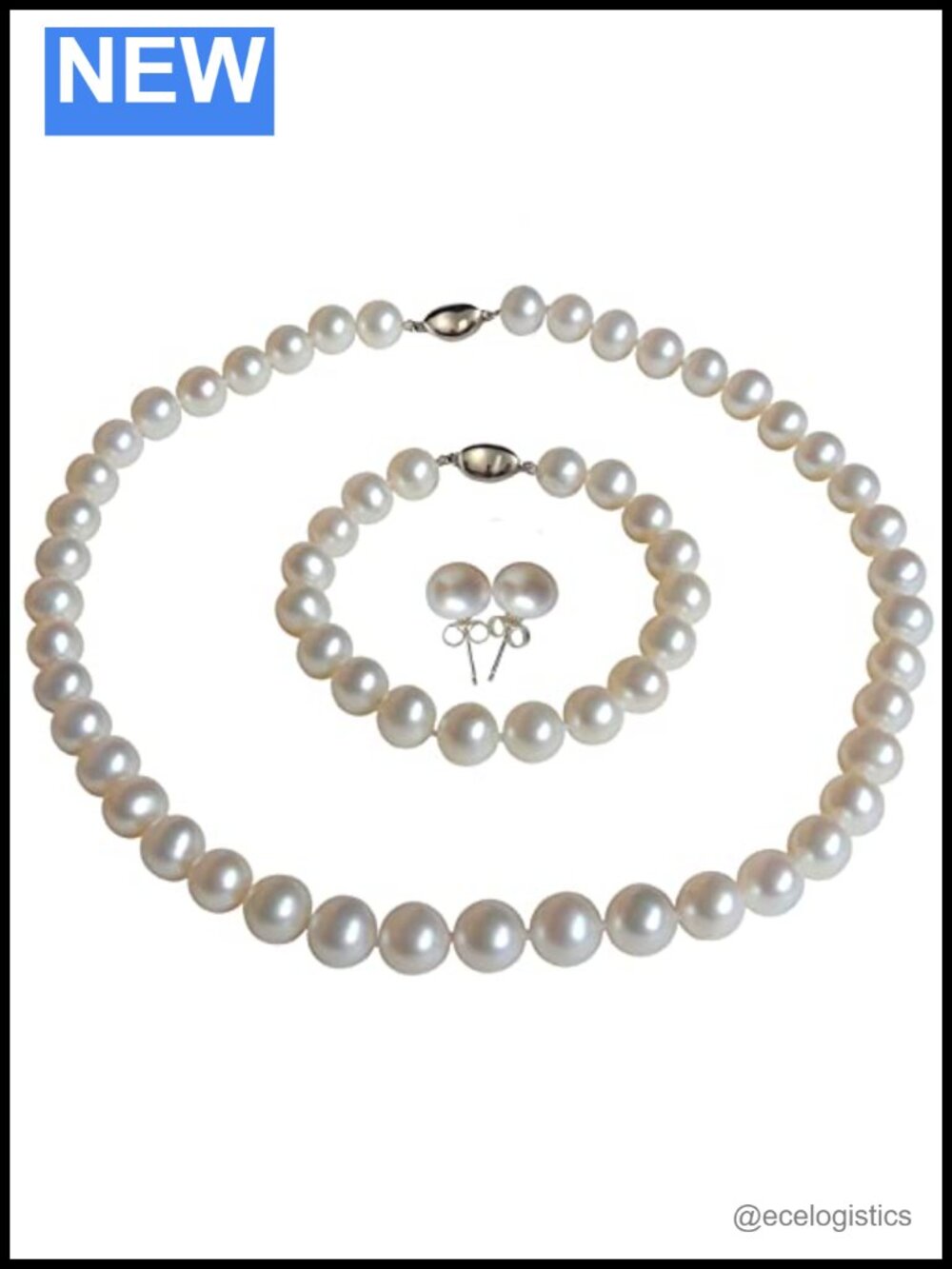 Round Cultured Freshwater Pearl Necklace Bracelet Stud Earrings Set Sterling